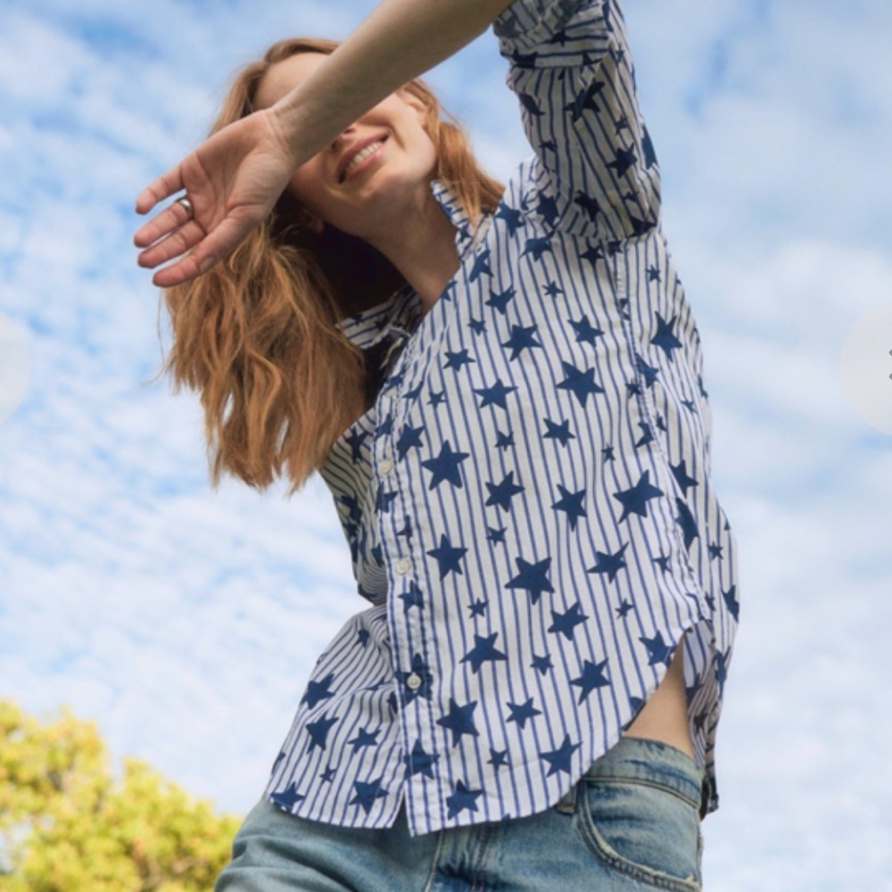 Frank & Eileen Frank Stars Stripes Superfine Poplin Button up Top Blue White - Picture 6 of 7